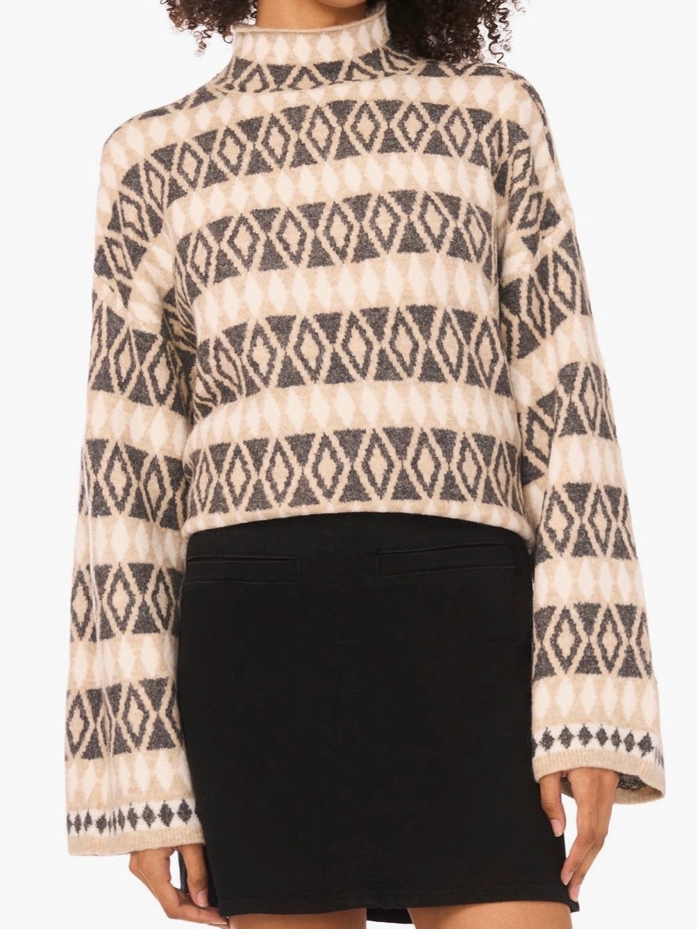 Geometric Mock Neck Sweater in Cream and Gray - Women